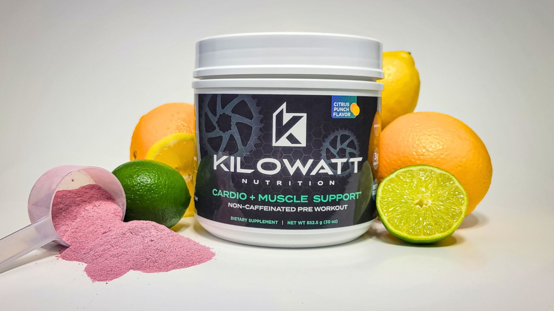 close up of bottle of Kilowatt Nutrition Cardio + Muscle Support pre workout drink powder
